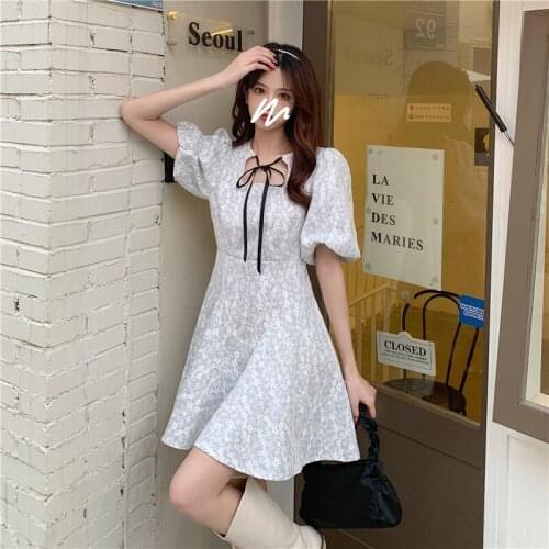 Summer Ladies Elegant Floral Print Dress Women 2021 New Short Sleeve Ruffles Drawsting Knee-Length Vacation Dress Black