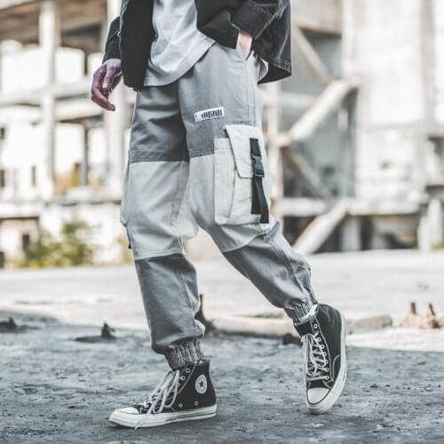 2021 Hip Hop Cargo Pant Streetwear Men Baggy Harem Pant Patchwork Multi Pocket Trousers Casual Tatical Pant Swag Ribbon Harajuku