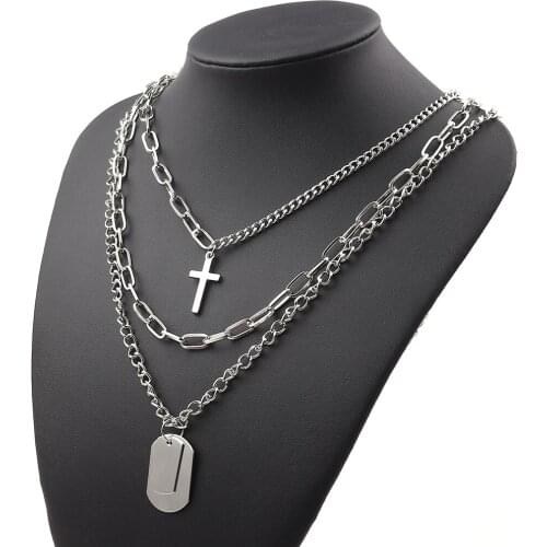 3pcs/set Hip Hop Multilayer Cross Square Necklace Punk Geometric Pendant couple Necklaces for women men 3 layers Chain Chokers