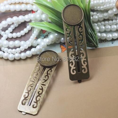Blank Hair Clips Snap Barrettes Hairpins Bendy Filigree Rectangle Bobby Pins w/ 18mm Round Bezel tray Clips Findings Bronze tone