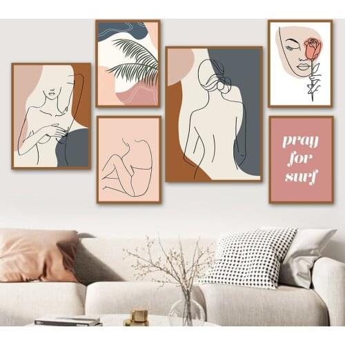 Line Woman Flower Palm Leaf Abstract Wall Art Canvas Painting Nordic Posters And Prints Wall Pictures For Living Room Boho Decor