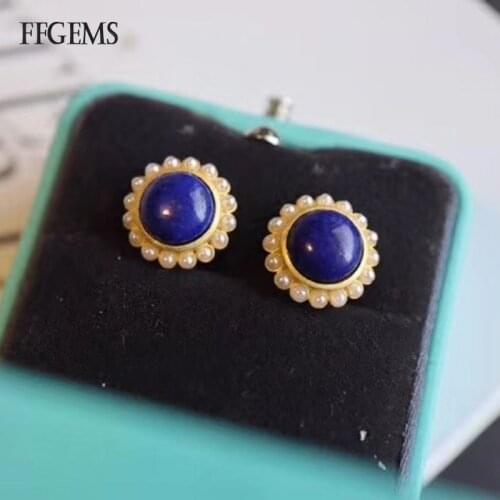 FFGEMS Real Lapis Lazuli Earrings Sterling 925 Silver Natural Gemstone Pearl Necklace Fine Jewelry Women Wedding Party Gift