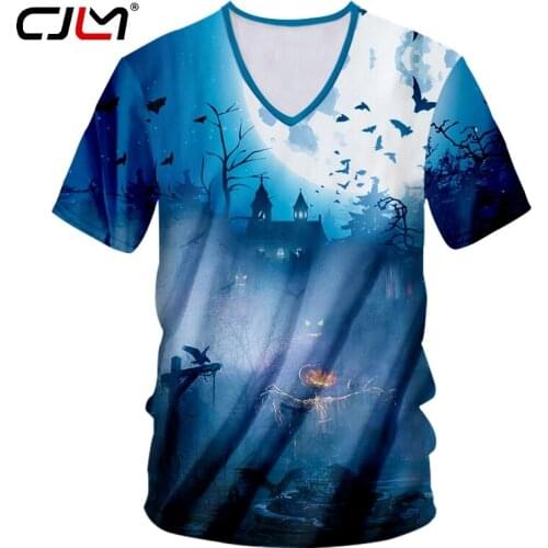 CJLM Halloween Gothic Hot Sale Man V Neck Tshirt 3D Pumpkin Printed Scarecrow T-shirt Mens Blue Tee Shirt Direct Selling