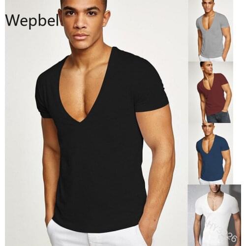 Wepbel Deep V Short Sleeve T-shirt Mens Sports Large V-neck Slim Tight T-shirt Solid Color Plus Size Tops Summer Men Tops