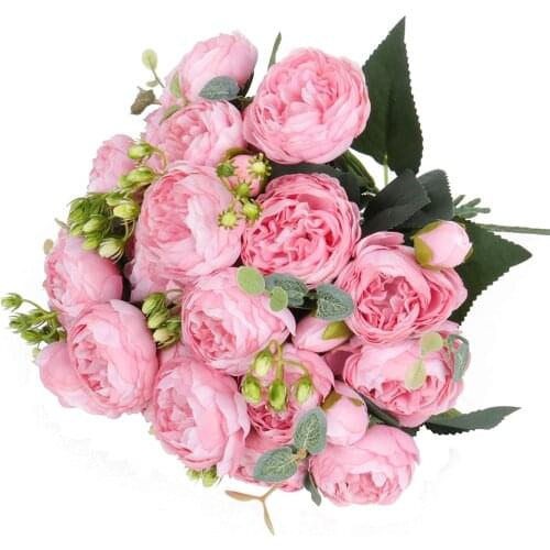 1 Bouquet 30cm Rose Pink Silk Peony Artificial Flowers 5 Head and 4 Bud Fake Flowers for Home Wedding Garden Decor