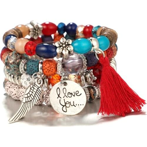 HuaTang 4pcs /set Bohemian Wing Tassel Bracelet Set for Women Adjustable Flower Colorful Stone Beadeds Bracelets Bangle 6871