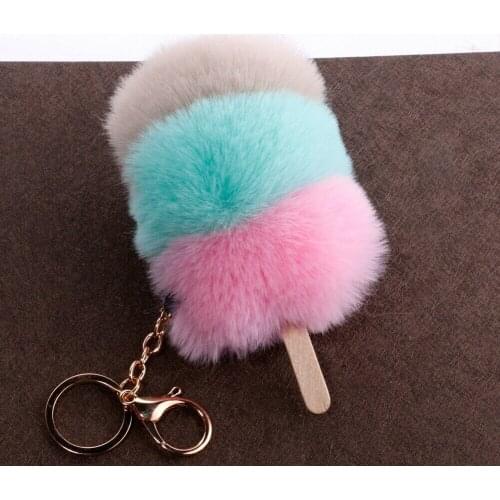 8CM Cute Fluffy Ice Cream Keychain & Pendant Women Key Ring Holder Faux Bunny Rabbit Fur Pompoms Key Chains For Handbag