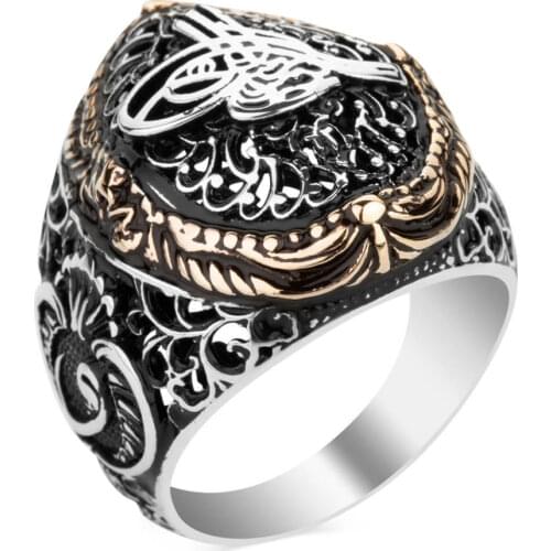 925 Sterling Silver Arabic Letter V Mens Ring with Ottoman Tughra Design Exclusive Ring for Men Silver Male Ring