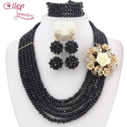 2019 New African Beads Jewelry Set Nigerian Wedding statement necklace Set Crystal Beads Black Bracelet Earring E1118
