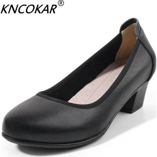 Autumn 2018 new high heels round head thick with shallow mouth leather work shoes big size professional single shoes shoes