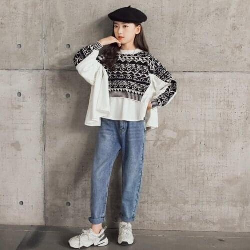 6 to 16 years, New Girls Autumn Tops Knit Patchwork Pgeometric Kids Sweater Teen Children 2021 Clothes,#6457