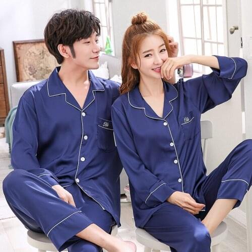 Couple Pajamas Women Spring Long Sleeve Ice Silk Korean Summer Male Solid Home Clothes Suit Simulation Silk Thin Pijama