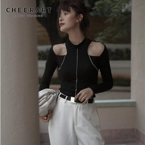 CHEERART Sexy Long Sleeve Top Cold Shoulder Black T Shirt Women Tight Designer Ladies Top Underwear Tee Shirt Fall Clothes