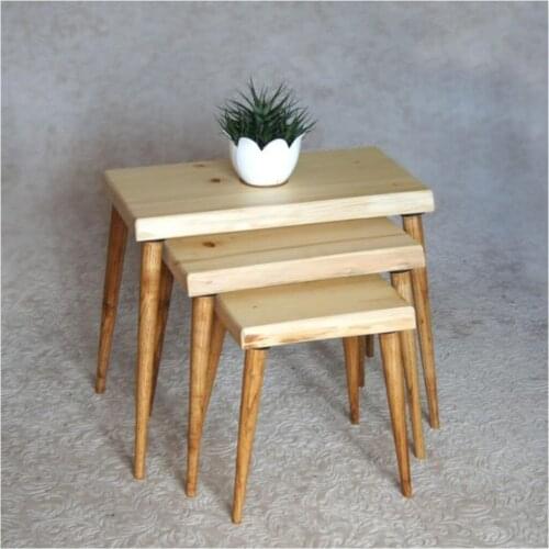 Modern Natural Wood Solid Billet 3'lü Zigon Coffee table coffe table