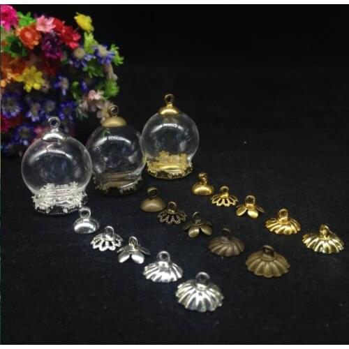 500sets/lot 20*15mm Glass globe crown base glass vial pendant necklace jewelry DIY glass wishing bottle pendant glass dome cover