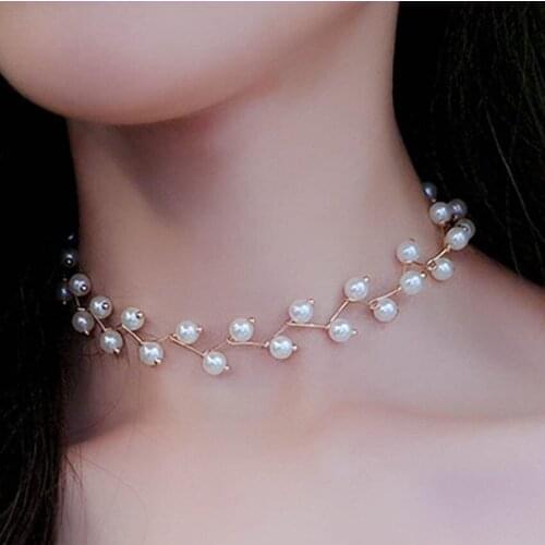Light Yellow Gold Color Geometric Imitation Pearl Pendant Choker Necklace for Elegant Women Jewelry