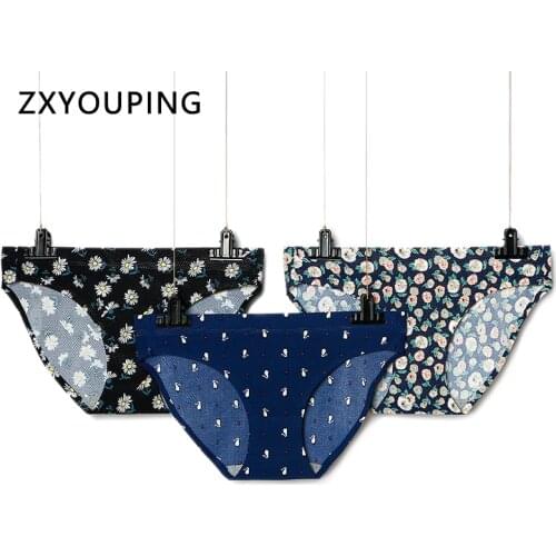 2Pcs/lot Seamless Panties Ice Silk Print Sexy Briefs for Women Underwear Full Back low-Rise Lingerie Female XS-L US Size Large