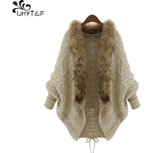 UHYTGF 2018 Fashion Womens Sweater Coat Lady Bat Sleeve Cardigan Fur collar Knitted Spring Autumn Sweater Coat Casual Tops 331