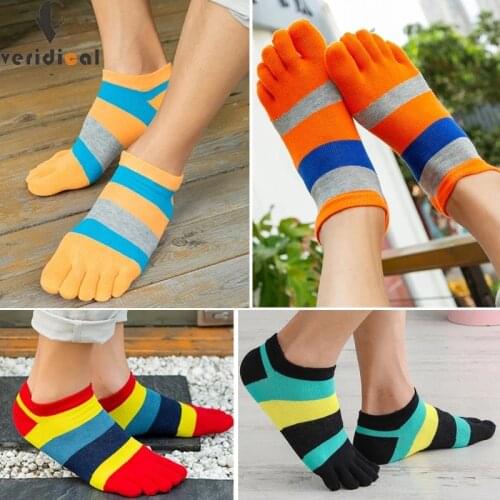 VERIDICAL 1 Pair Five Finger Socks Mens Pure Cotton Sports Striped Breathable Comfortable Shaping Anti Friction Socks With Toes