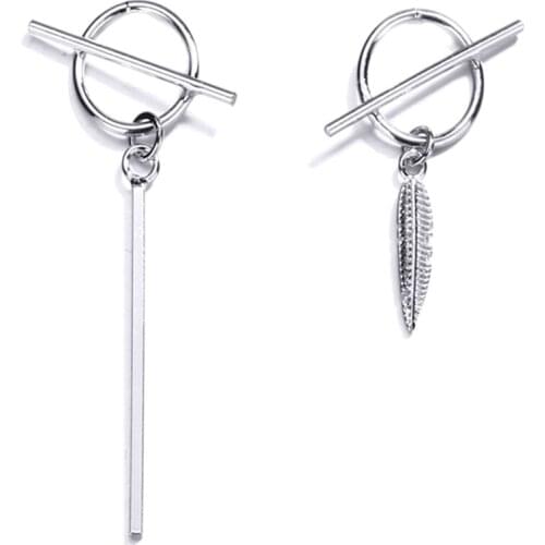 Vintage Feather Leaf Stud Earrings For Women Asymmetric Geometric Circle Bar Earring Girls Fashion Jewelry Gift