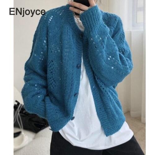 Vintage Blue Mohair Single-breasted Long Sleeve Hollow out Cardigans Sweater Women Fashion 2020 Autumn Winter Knitted Cardigan