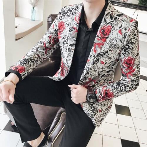 Rose Flower Jacquard Blazer Men Pattern Suit Jacket Business Causal 2020 Men Slim Fit Blazers 2 Button Wedding Party Prom Blazer