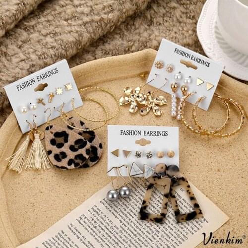 Vienkim Crystal Circle Earrings Set Oversize Flower Gold Color Earrings For Women Fashion Shell Tassel Earring 2020 NEW Jewelry