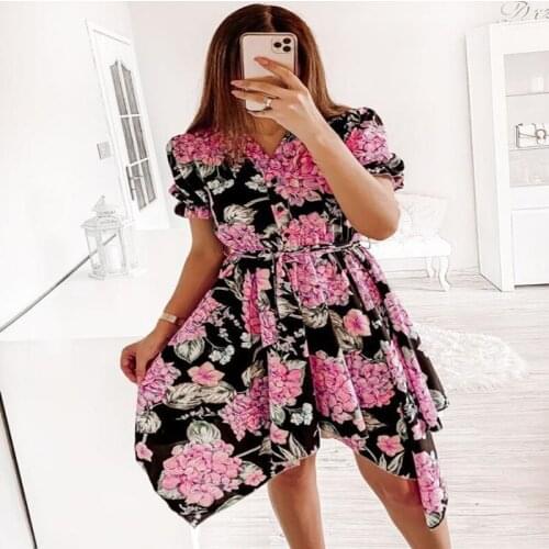 Summer Dress Women Clothing 2021 Robe Femme Flower Print Irregular Bandage Dresses Short Sleeve Dress For Woman Vestido De Mujer