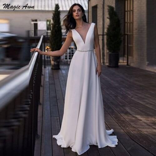 Magic Awn Modest Satin Wedding Dresses 2021 Sheer Scoop Beaded Sash Open Back Bridal Gowns A-Line Beach Simple Vestidos Branco