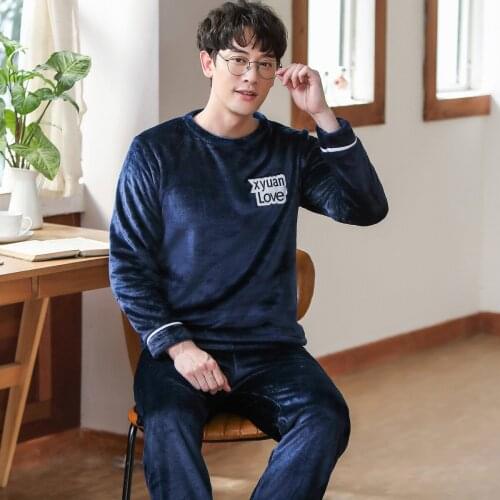 2020 Winter Thick Warm Blue Flannel Pajama Sets for Men Long Sleeve Pyjamas Loose Sleepwear Suit Loungewear Homewear Homewear