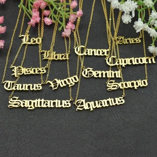 12 Zodiac Necklace For Women Gold Leo Capricorn Sagittarius Virgo Gemini Aries Aquarius Libra Old English Letter Necklaces BFF