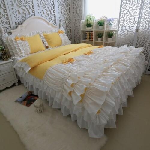 White Yellow Bright color Waterfall Ruffle Duvet Cover Set Korean Princess 100%Cotton Bedding set Twin Queen King size Bedskirt