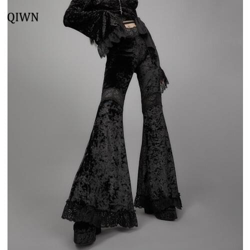 Mall Goth High Waist Flared Pants Aesthetic Sexy Lace Patchwork Trousers Women Vintage Elegant Velvet Christmas Pants