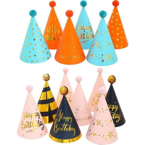 5pcs DIY Happy Birthday Paper Cone Hats Crown Decoration Gold Silver Striped Conical Confetti Hat Paper Cap Party Supplies