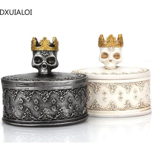 DXUIALOI Personality Creative Resin Crown Skull Jewelry Storage Box Covered Dust-proof Ghost Head Desktop Home Decoration