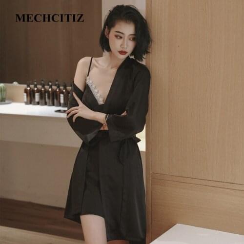 MECHCITIZ 2021 New Sexy Sleepwear Silk Pajamas Lace Night Robe Spring Summer Nightwear Robe Gown Sets Lingerie Nightdress