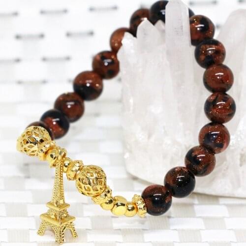 Natural stone gold-blue sandstone strand beaded bracelets women 8mm round beads Paris Tower pendant gifts jewelry 7.5inch B2055