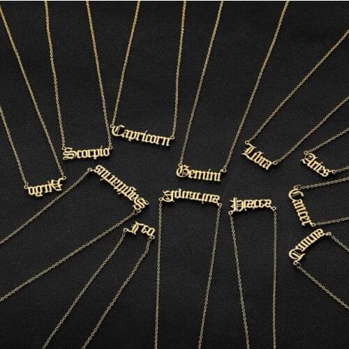 Stainless Steel 12 Constellation Necklace for Women Zodiac Old English Letter Necklace Taurus Aries Fashion Collier Jewelry Gift