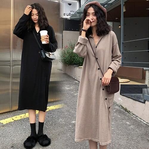 New Autumn Clothes for Pregnant Women Loose Pure Color Long Sleeve Maternity Dress Thin Pregnancy Female Temperament Show 30