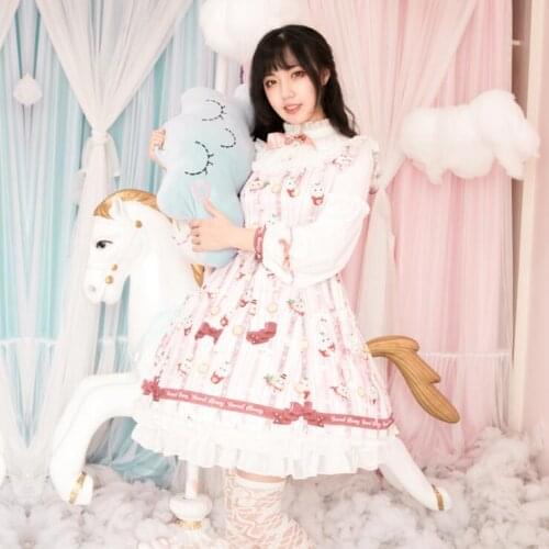 Princess daily tea party sweet lolita dress palace high collar puff sleeve cute printing victorian dress kawaii girl loli cos