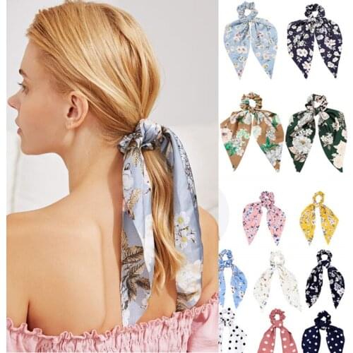 Chiffon Scrunchies Knot Bow Tie Ponytail Holder Lady Hair Accessories Printing Elastic Long Ribbon Band Pack Bandana Clips Band