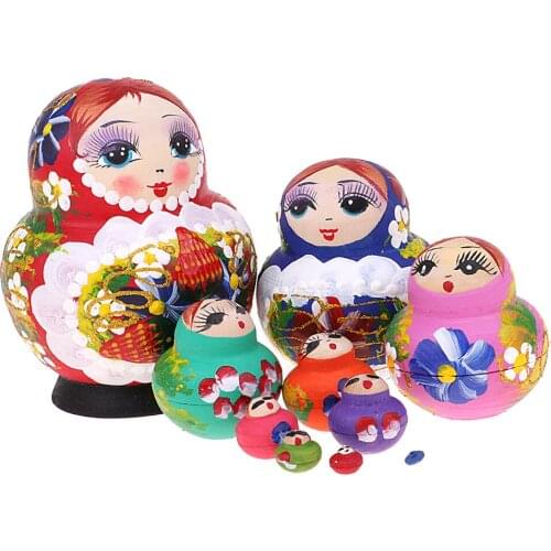 Christmas Decoration Gift – Colorful Flowers Printed Russian Matryoshka Babushka Dolls – Hand Painted 10 Pieces Kit