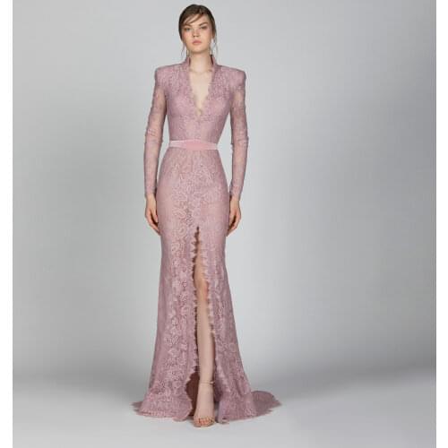 Pink Elegant Exquisite Evening Dress V-Neck Long Sleeves Floor Length High Split With Train Saudi Arabia Muslim Prom Dress