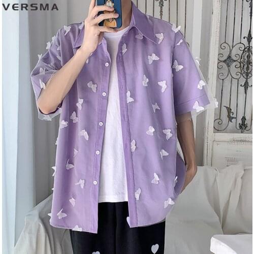 VERSMA Korean Ulzzang Chic Butterfly Stitch Shirt Men Women Net Yarn Short Sleeve Oversized Top Vintage Shirts Male Dropshipping