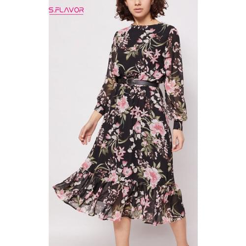 S.FLAVOR Bohemian Floral Printing A-line Dress Elegant Autumn Winter Women Midi Dress NO BELT Female Working Vestidos De