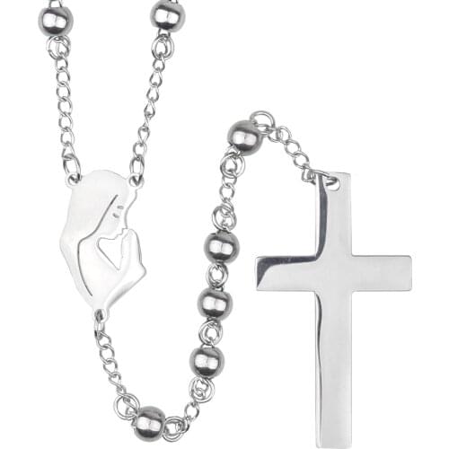 Silver Rosary 6mm Stainless Steel Beads Prayer Jewelry Religious Catholic Cross Necklace
