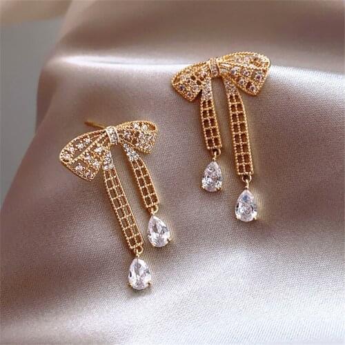 Hollow Bowknot Earrings Bow Tassel Rhinestone Drop Earrings For Women Crystal Earring Elegant Fashion Wedding Jewelry Gifts