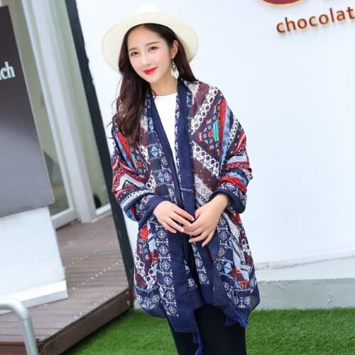 Difanni large Soft Cotton Scarf with Tassels Print for Women Style Summer geometric pattern Fashion Nepal frame fringe shawl
