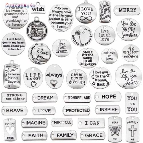 20pcs mix Alloy Alphabet, Dates & Numbers Lucky jewelry pendant inspiration words Necklace earrings Bracelet Gift Keychain diy