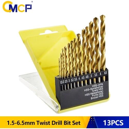 13pc 1.5-6.5mm Round Shank Twist Drill Bit Set Titanium Coated Hole Cutter High Speed Steel Gun Drill Bit Woodworking Metal Tool